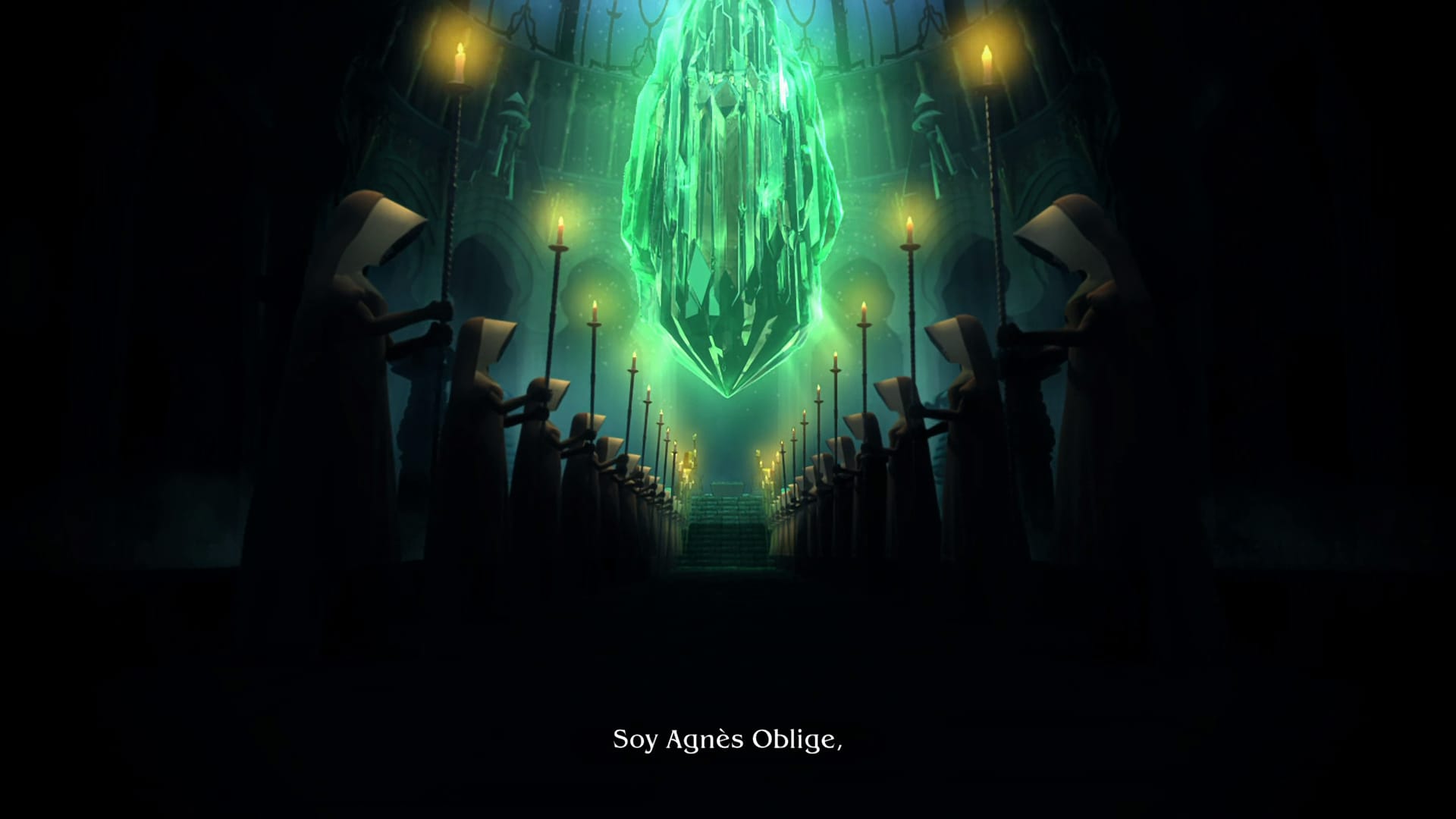 La prota del juego introduciéndose mientras se ve un cristal verde brillando